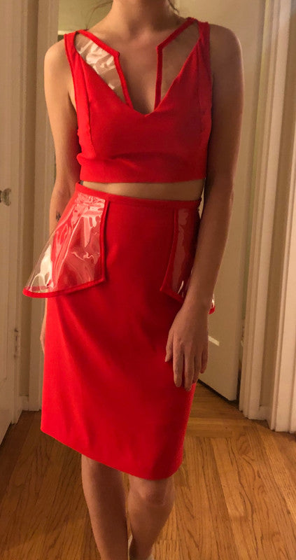 Kellie Red 2 Piece Glossy Skirt Set