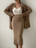 Load image into Gallery viewer, Pocketed Long Sleeve Cardigan and Skirt Sweater Set
