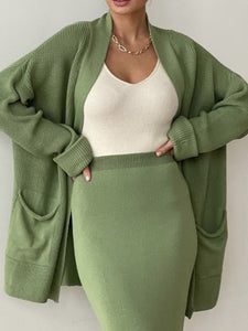 Pocketed Long Sleeve Cardigan and Skirt Sweater Set