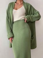 Load image into Gallery viewer, Pocketed Long Sleeve Cardigan and Skirt Sweater Set
