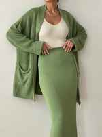 Load image into Gallery viewer, Pocketed Long Sleeve Cardigan and Skirt Sweater Set
