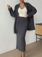 Load image into Gallery viewer, Pocketed Long Sleeve Cardigan and Skirt Sweater Set
