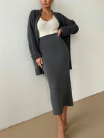 Load image into Gallery viewer, Pocketed Long Sleeve Cardigan and Skirt Sweater Set
