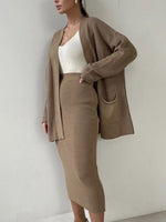 Load image into Gallery viewer, Pocketed Long Sleeve Cardigan and Skirt Sweater Set
