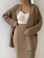 Load image into Gallery viewer, Pocketed Long Sleeve Cardigan and Skirt Sweater Set
