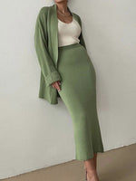 Load image into Gallery viewer, Pocketed Long Sleeve Cardigan and Skirt Sweater Set
