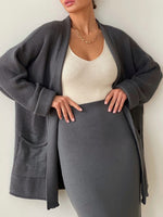 Load image into Gallery viewer, Pocketed Long Sleeve Cardigan and Skirt Sweater Set
