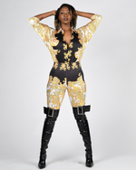 Load image into Gallery viewer, Gold &amp; Black Printed Bodysuit Pants Set
